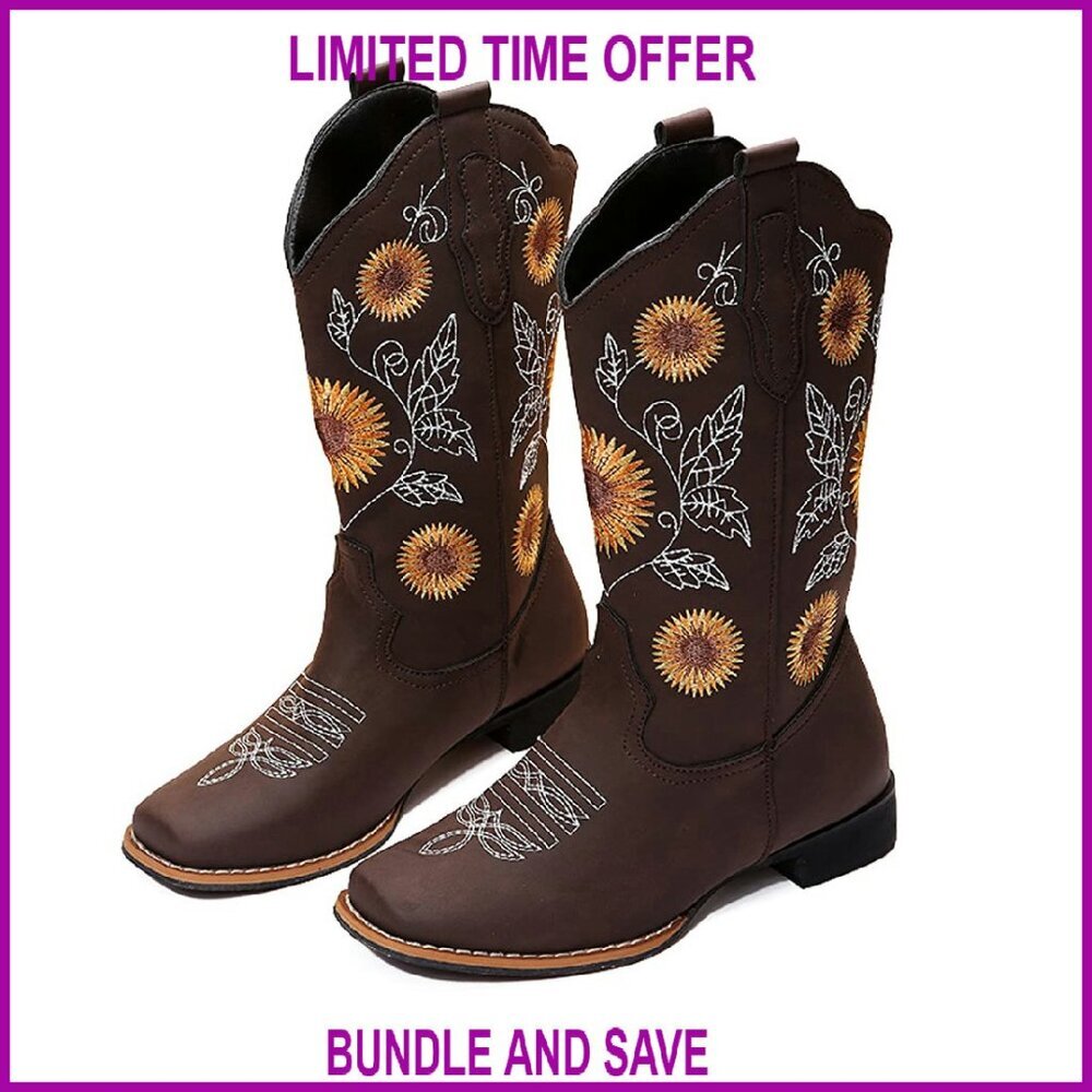 Women's Cowboy Boots Mid Calf Western Stitch Embroidery Square Toe Low Heel